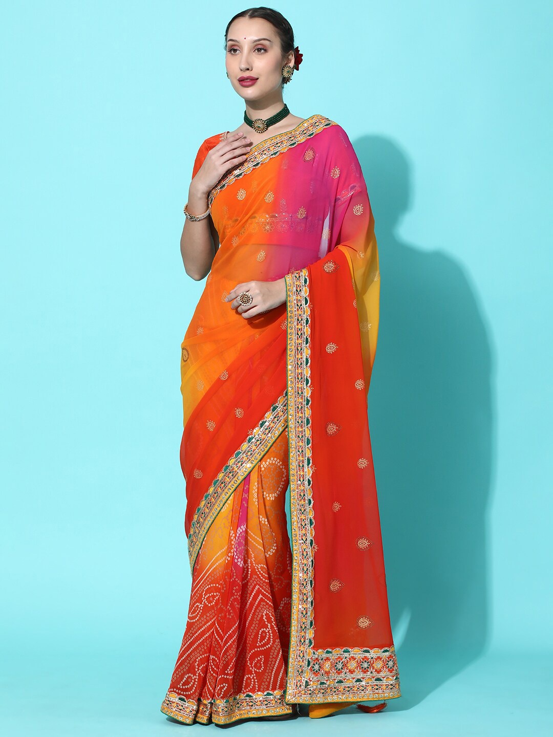 

Mitera Orange & Pink Bandhani Zari Pure Georgette Half and Half Bandhani Saree
