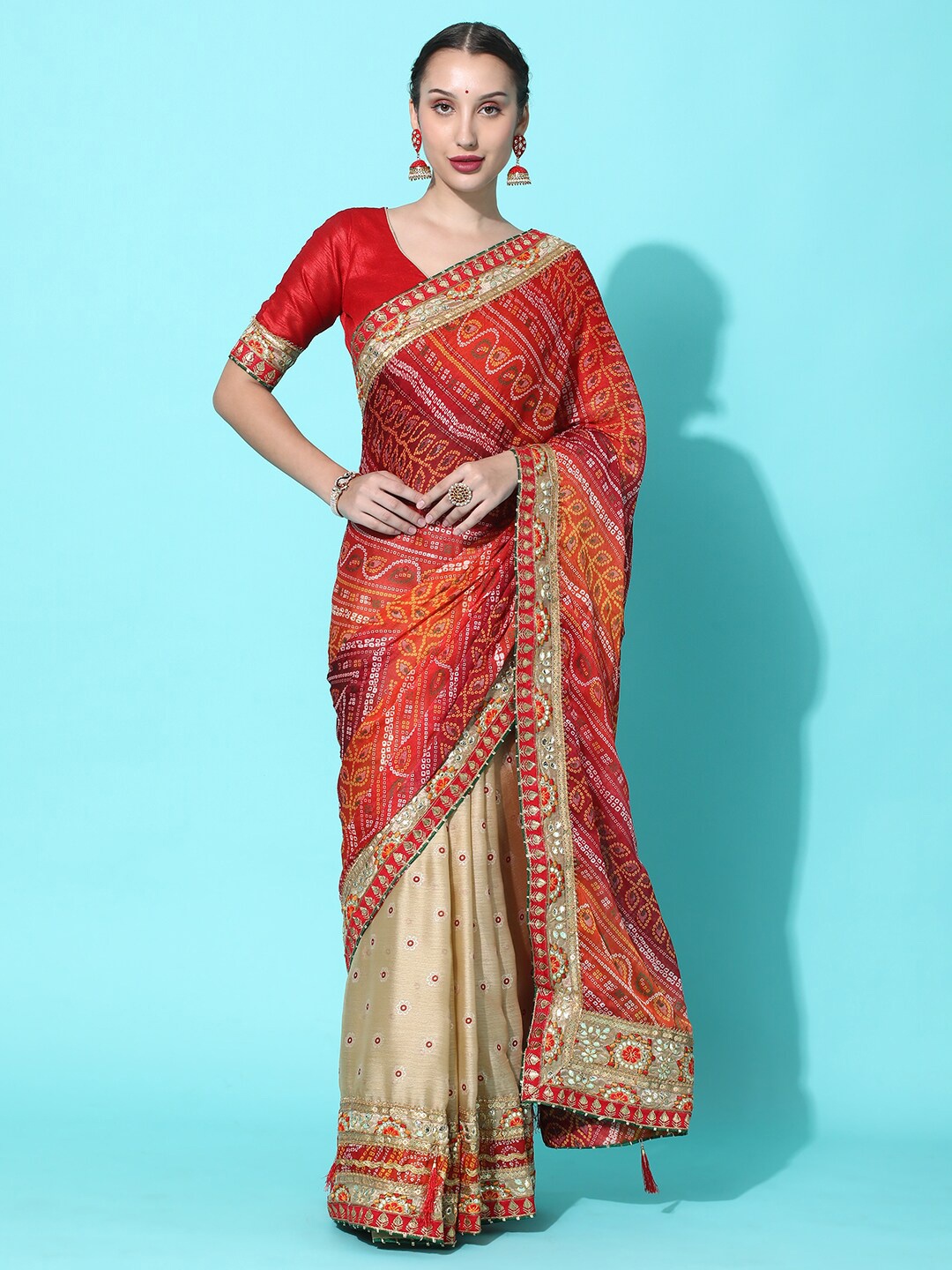 

Mitera Beige & Red Bandhani Embroidered Pure Chiffon Half and Half Bandhani Saree