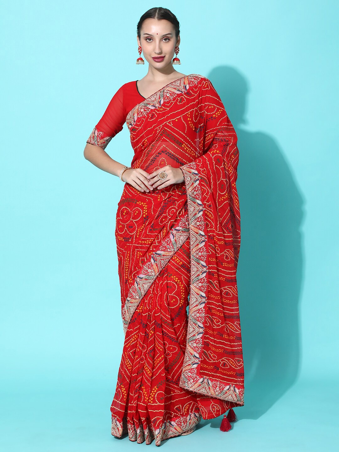 

Mitera Red & White Bandhani Embroidered Pure Georgette Bandhani Saree