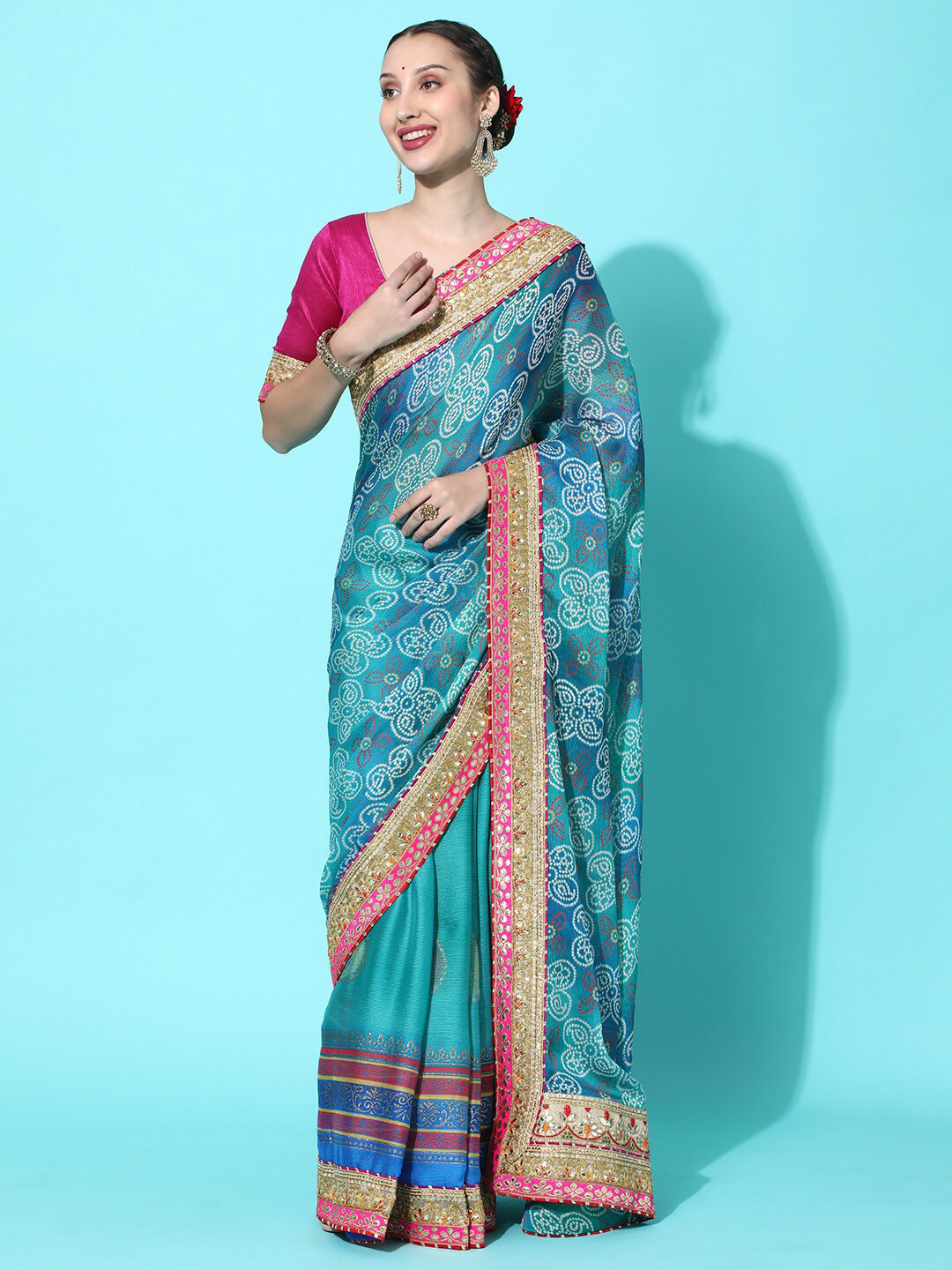 

Mitera Turquoise Blue Embroidered Pure Chiffon Half and Half Bandhani Saree