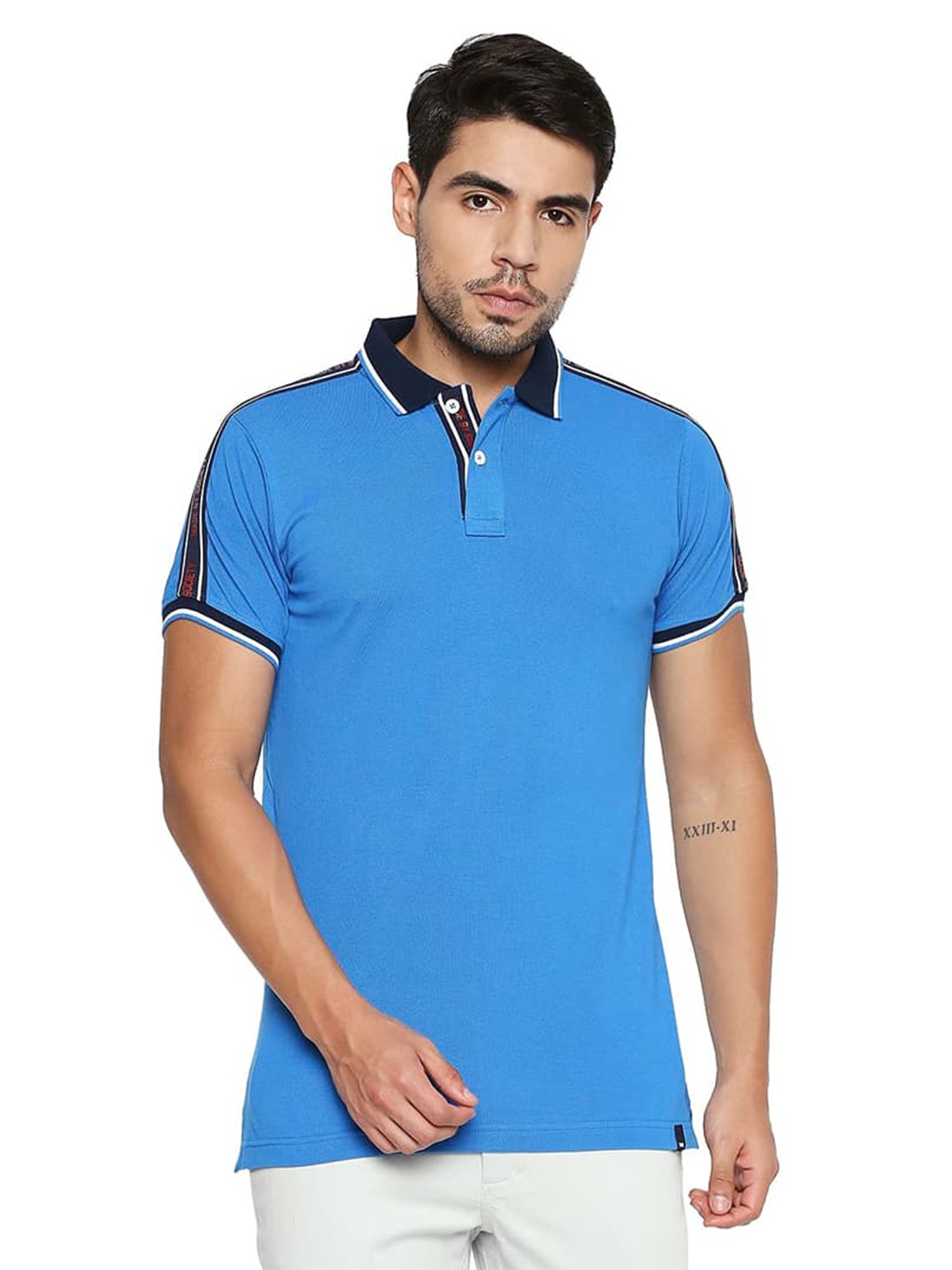 

Basics Muscle Fit Directoire Polo Collar Slim Fit Tshirt, Blue