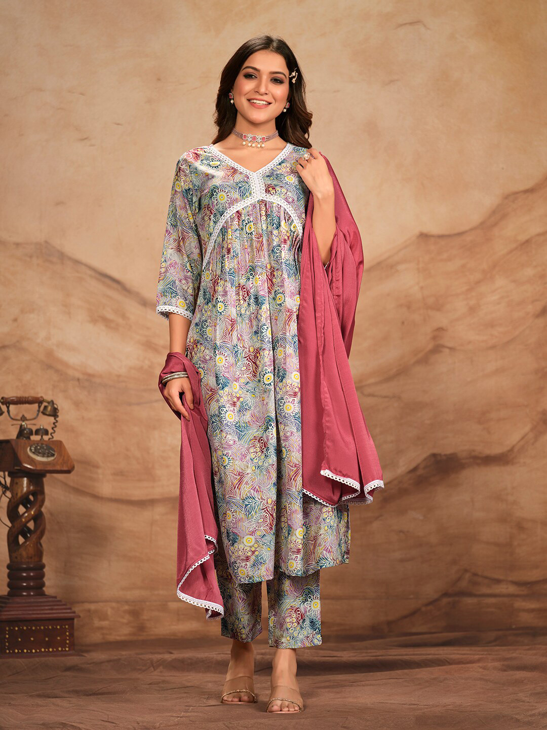 

NAINVISH Floral Printed Empire Anarkali Kurta with Trouser & Dupatta, Blue