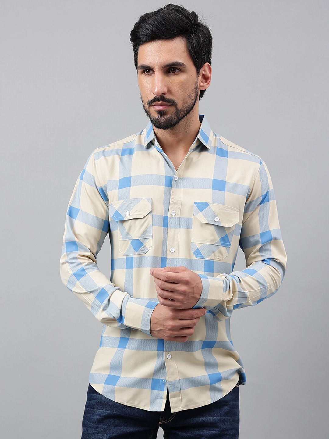 

Voroxy Checked New Spread Collar Casual Shirt, Beige
