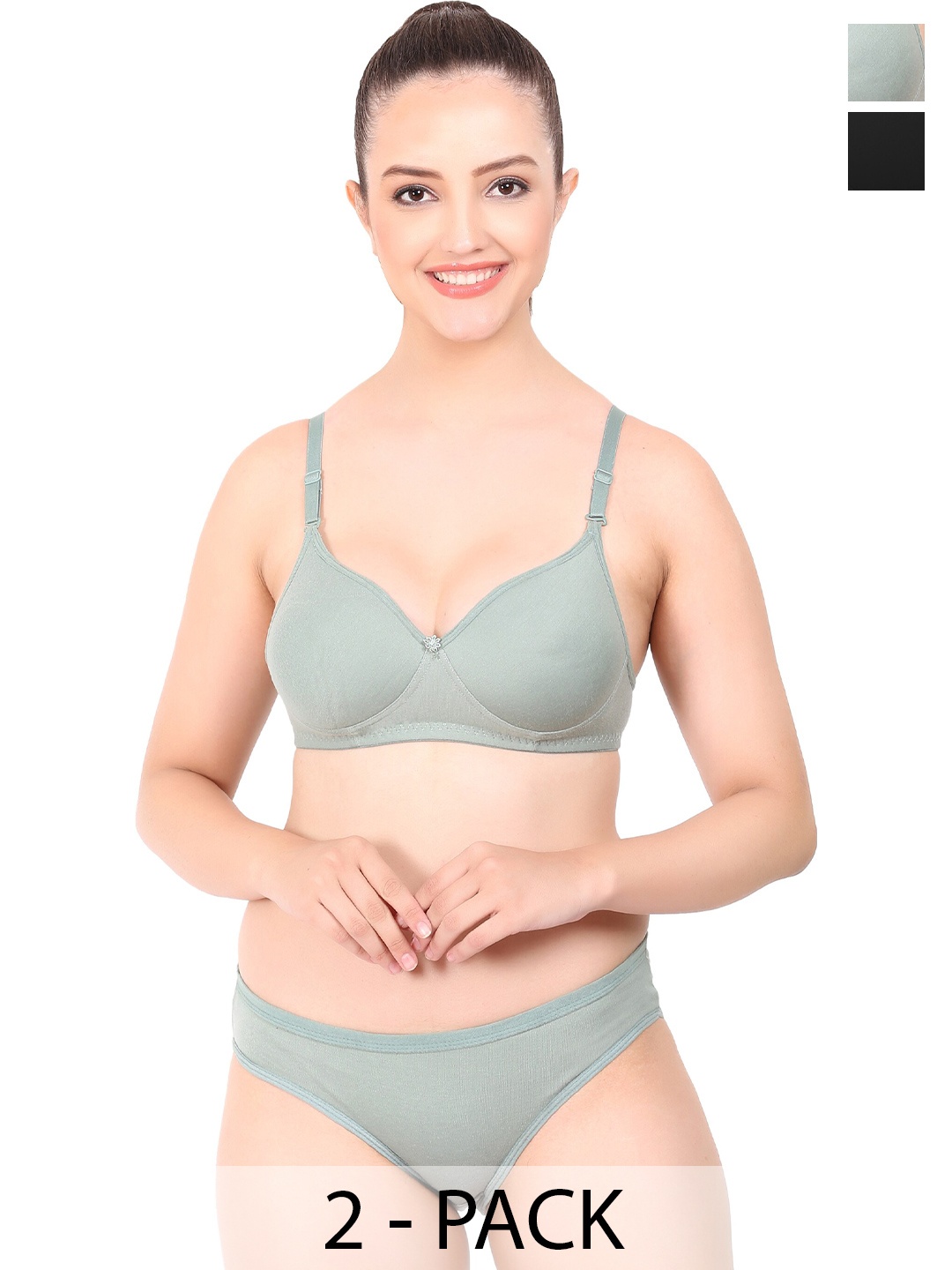 

AROUSY Pack Of 2 Mid-Rise Breathable Cotton Bra & Panty Set, Green