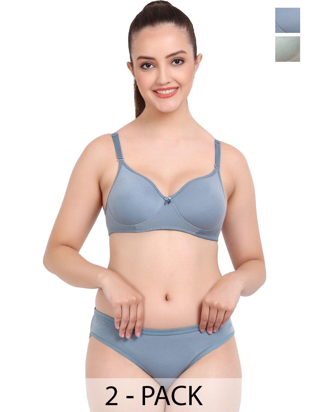 

AROUSY Pack Of 2 Non Padded Non Wired Cotton Lingerie Set A-Nisa Set_Green,Blue