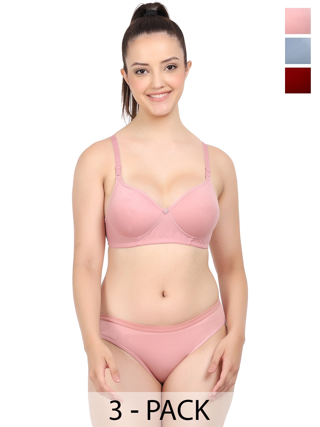 

AROUSY Pack Of 3 Cotton Bra Panty Lingerie Set A-Nisa Set_Pink,Maroon,Blue