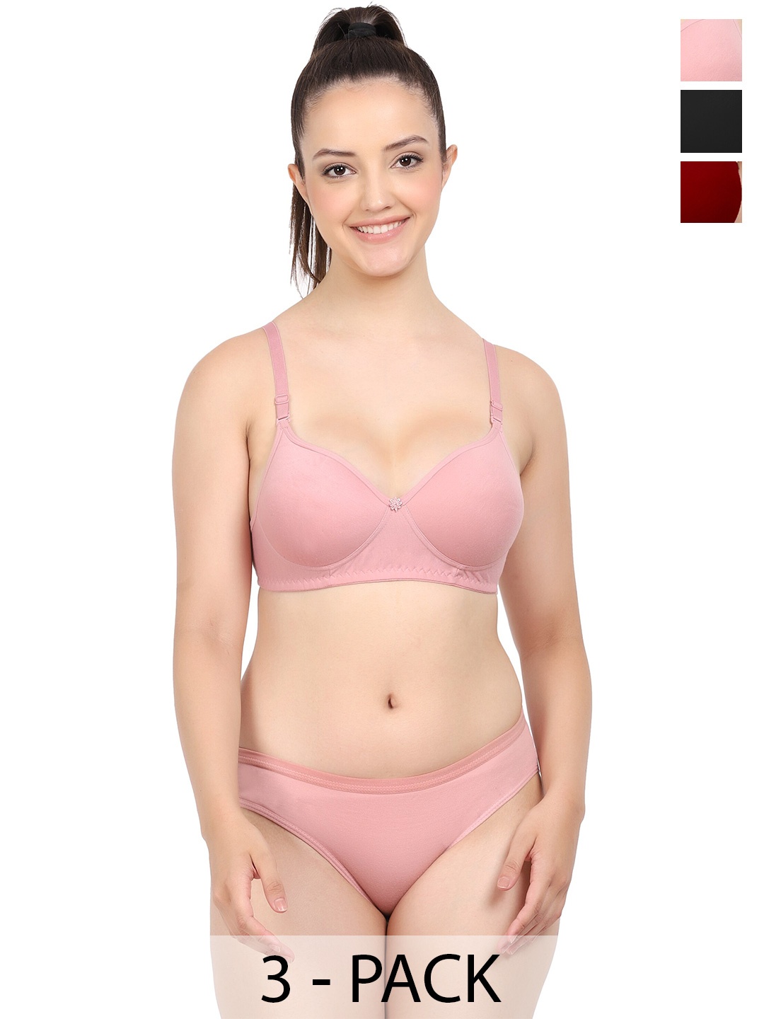 

AROUSY Pack of 3 Non Padded Cotton Lingerie Set A-Nisa Set_Pink,Maroon,Black