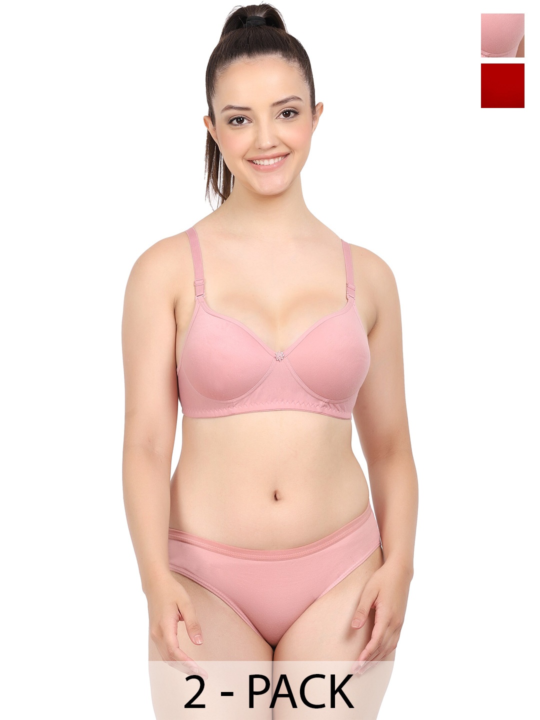 

AROUSY Pack Of 2 Cotton Lightly Padded Bra & Mid-Rise Briefs, Pink