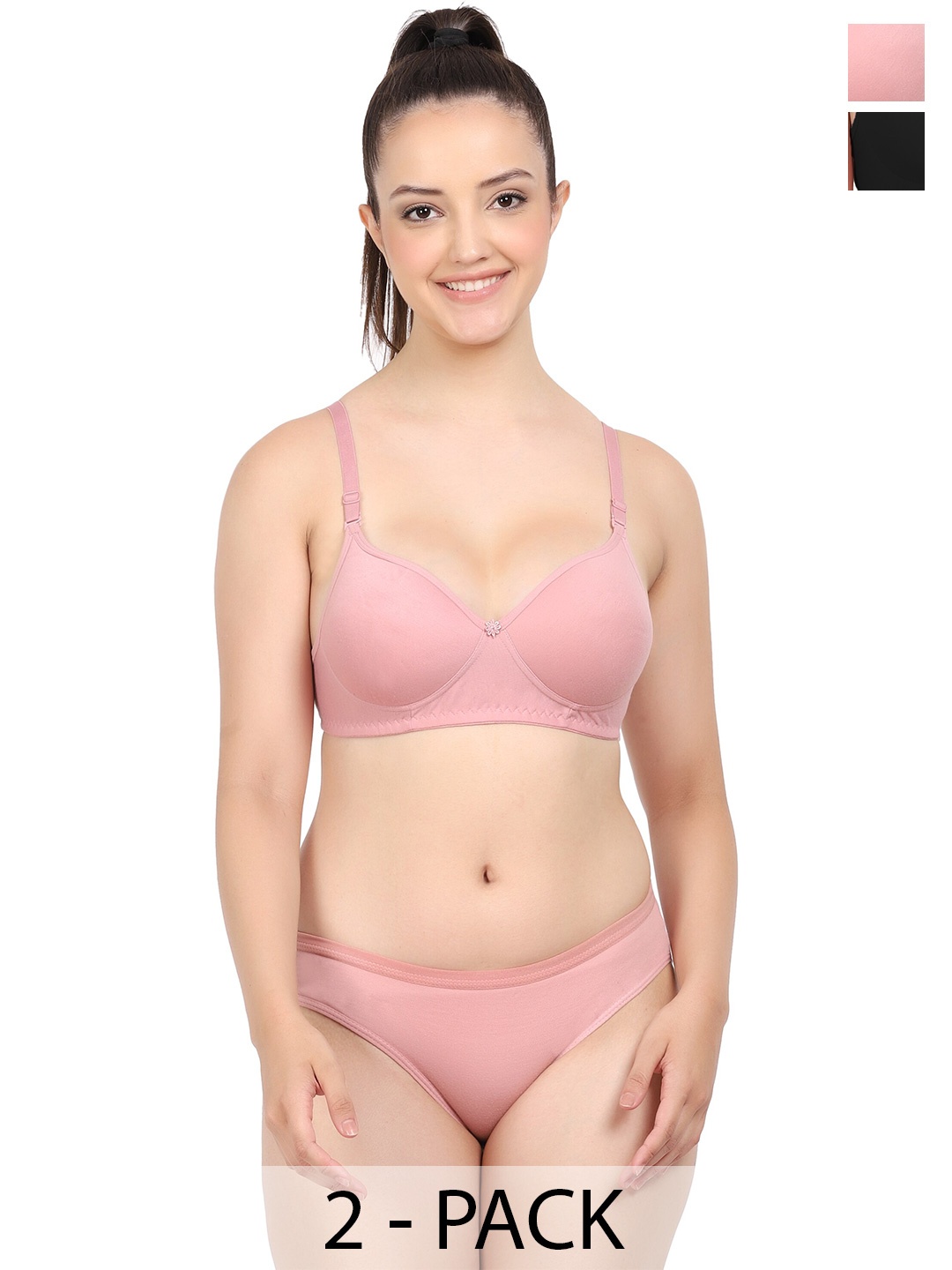 

AROUSY Pack Of 2 Mid-Rise Cotton Bra & Panty Set, Pink