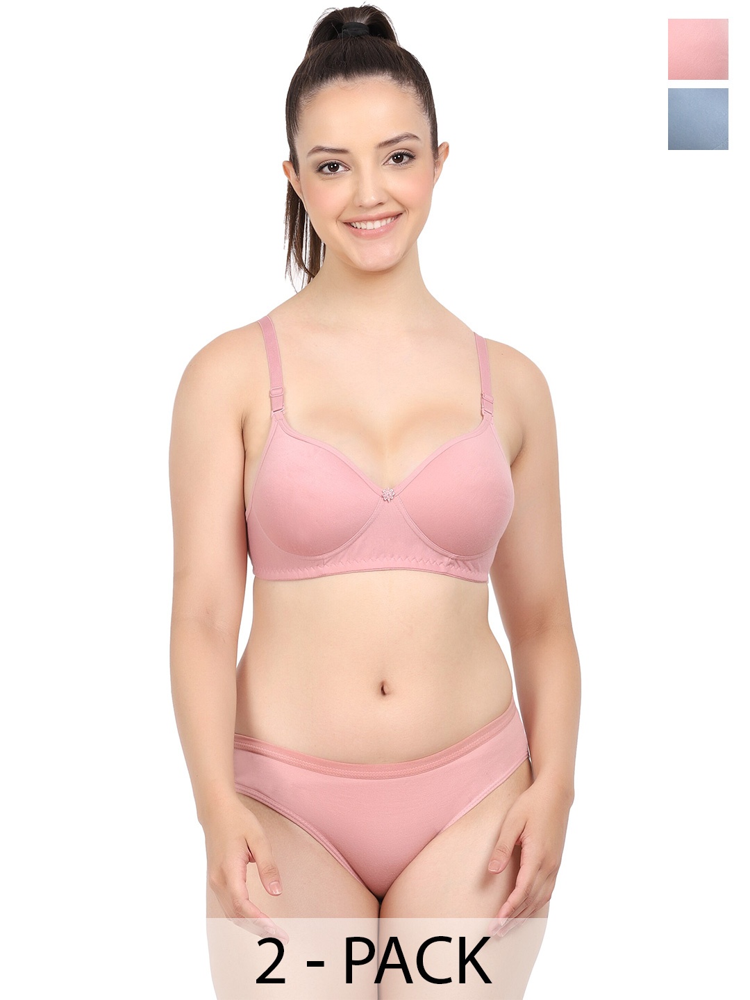 

AROUSY Pack Of 2 Mid Rise Non Padded Cotton Lingerie Set A-Nisa Set_Pink,Blue