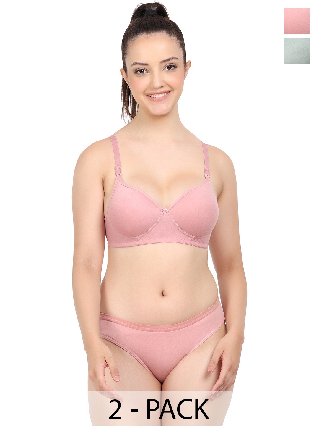 

AROUSY Pack Of 2 Cotton Non-Padded Lingerie Set A-Nisa Set_Pink,Green
