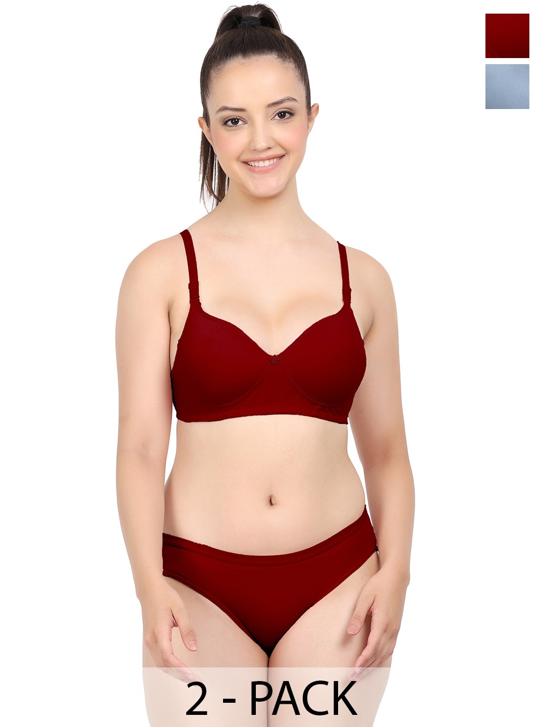 

AROUSY Pack Of 2 Breathable Mid-Rise Cotton Lingerie Set A-Nisa Set_Maroon,Blue