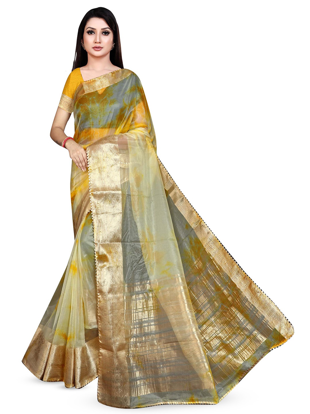 

Pemal Designer Tie and Dye Printed Zari Saree, Mustard