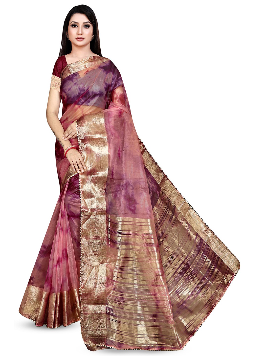 

Pemal Designer Tie and Dye Printed Zari Saree, Pink