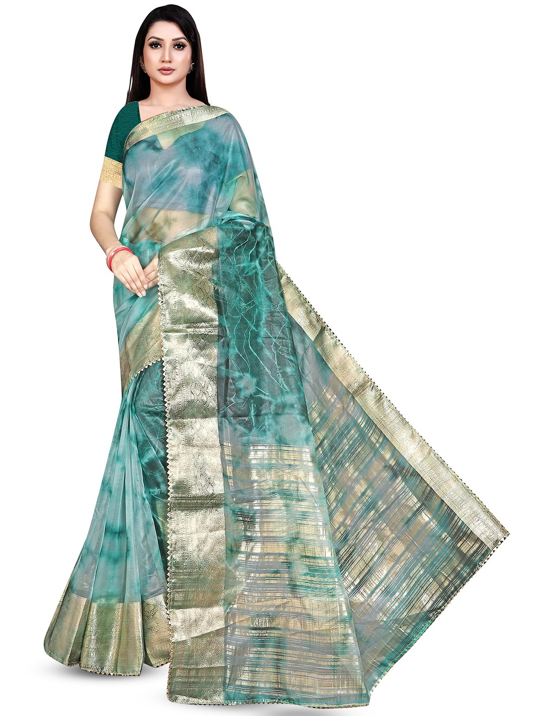 

Pemal Designer Tie and Dye Printed Zari Saree, Green