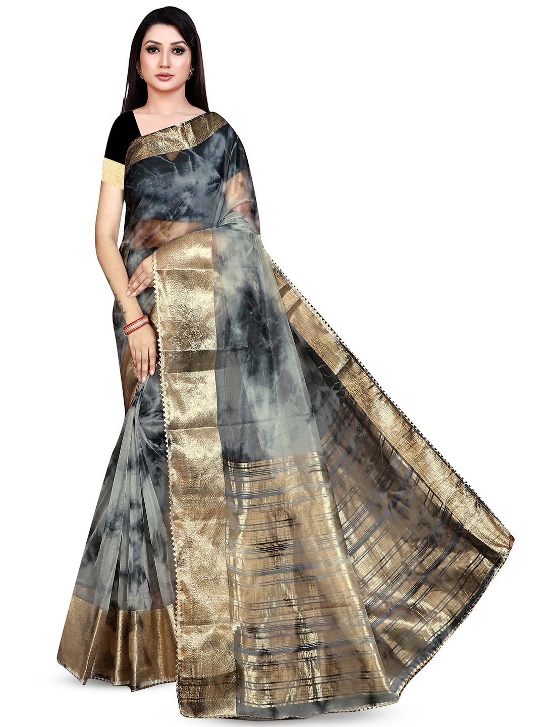 

Pemal Designer Tie and Dye Printed Zari Saree, Grey