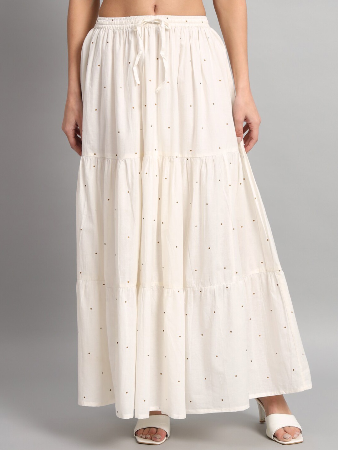 

KBZ Polka Dot Printed Comfort Flared Pleated Cotton Skirts, White
