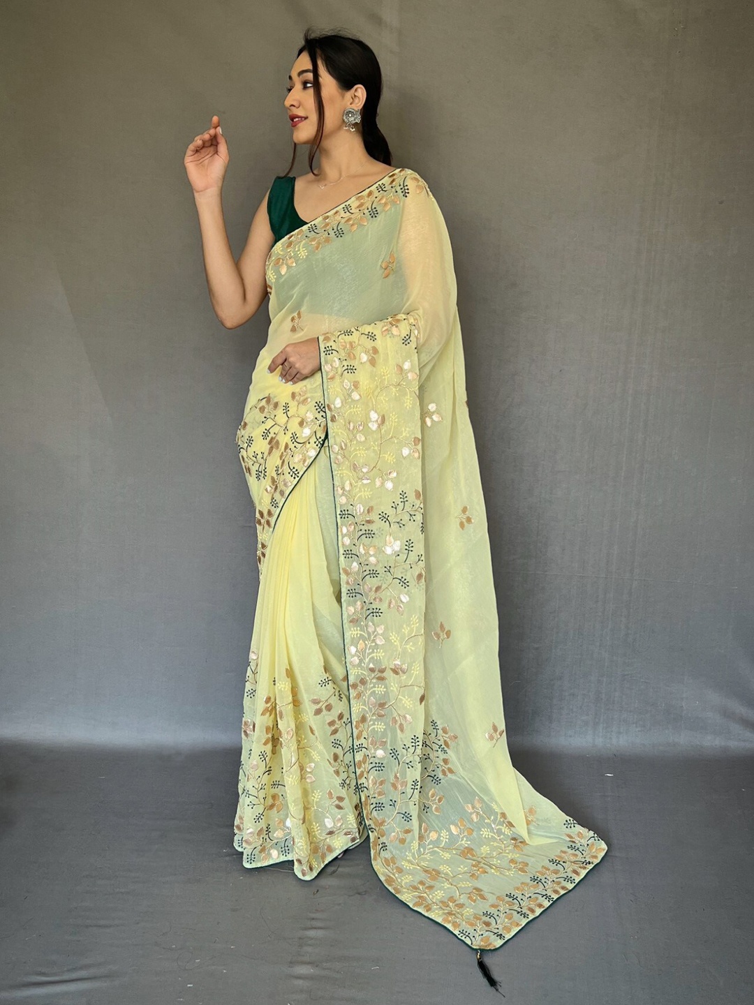

LeeliPeeri Designer Floral Embroidered Chiffon Saree, Yellow