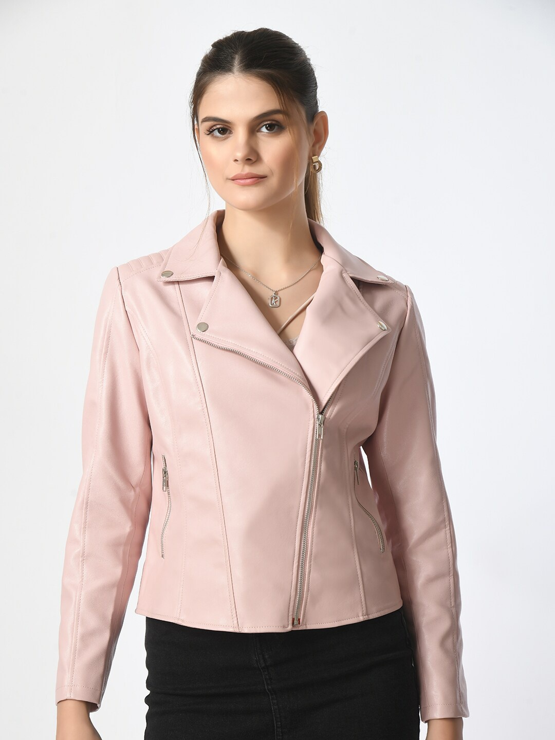 

TBOJ Lapel Collar Leather Lightweight Anti Odour Biker Jacket, Pink