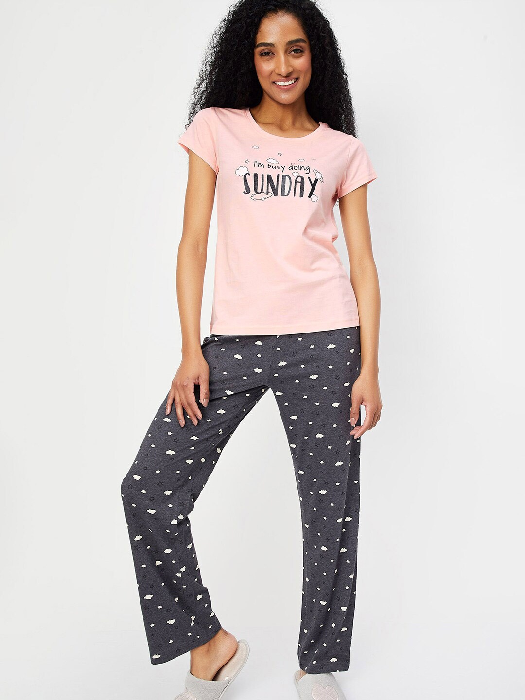 

max Women Typography Printed Pure Cotton Night suit, Pink