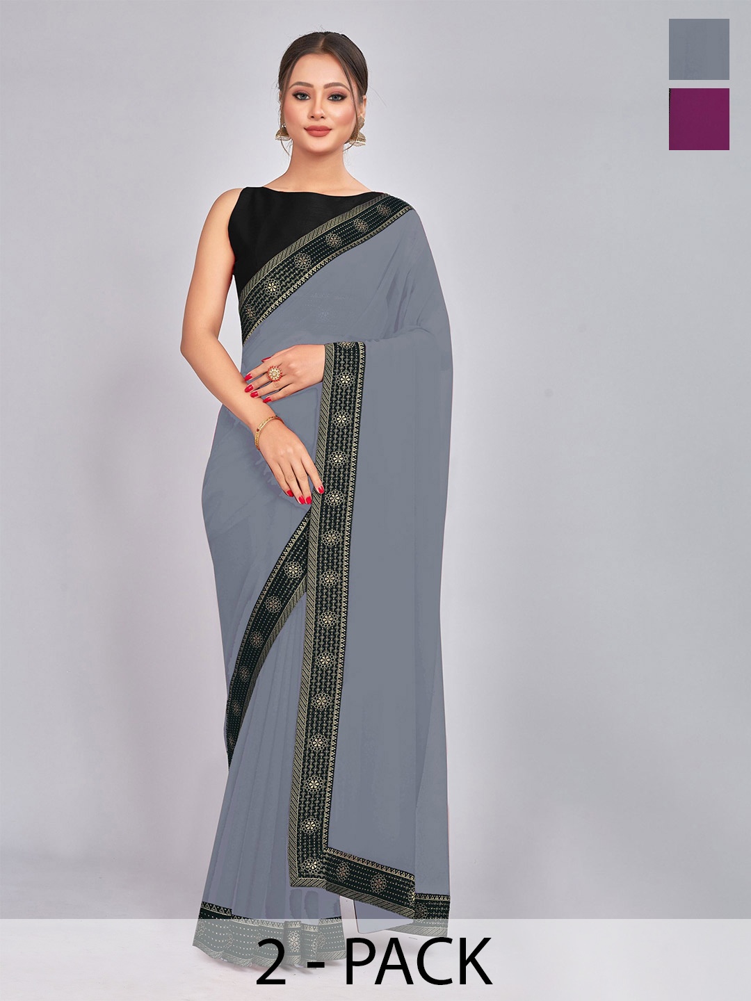 

CastilloFab Pack Of 2 Woven Design Zari Pure Georgette Sarees, Grey
