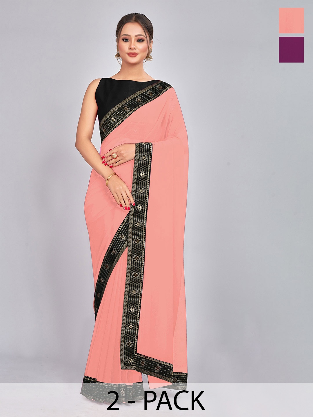 

CastilloFab Selection of 2 Zari Pure Georgette Saree, Peach