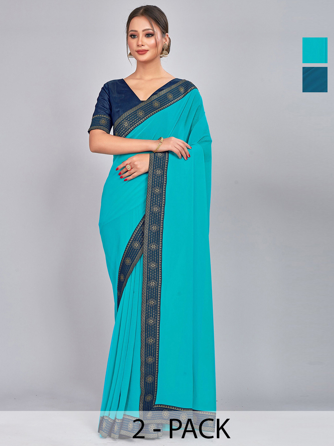 

CastilloFab Selection Of 2 Ethnic Zari Pure Georgette Sarees, Turquoise blue