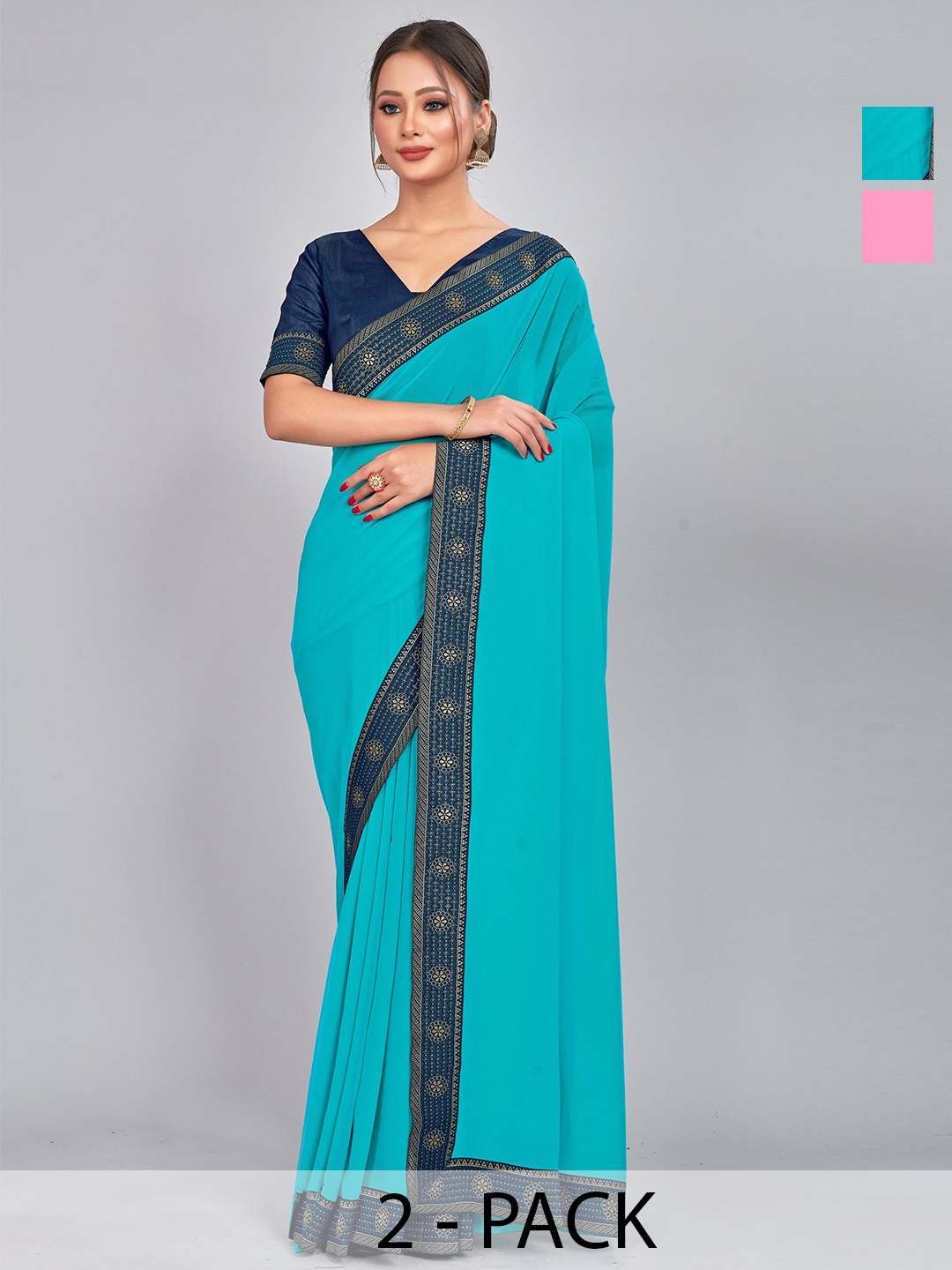 

CastilloFab Selection Of 2 Ethnic Pure Georgette Sarees, Turquoise blue
