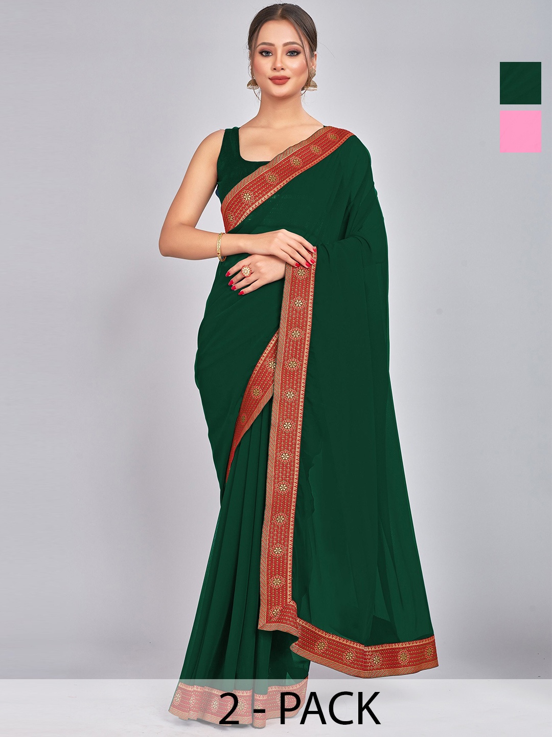 

CastilloFab Selection Of 2 Ethnic Zari Pure Georgette Sarees, Pink