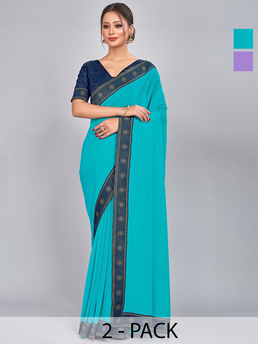 

CastilloFab Selection Of 2 Ethnic Zari Pure Georgette Sarees, Turquoise blue
