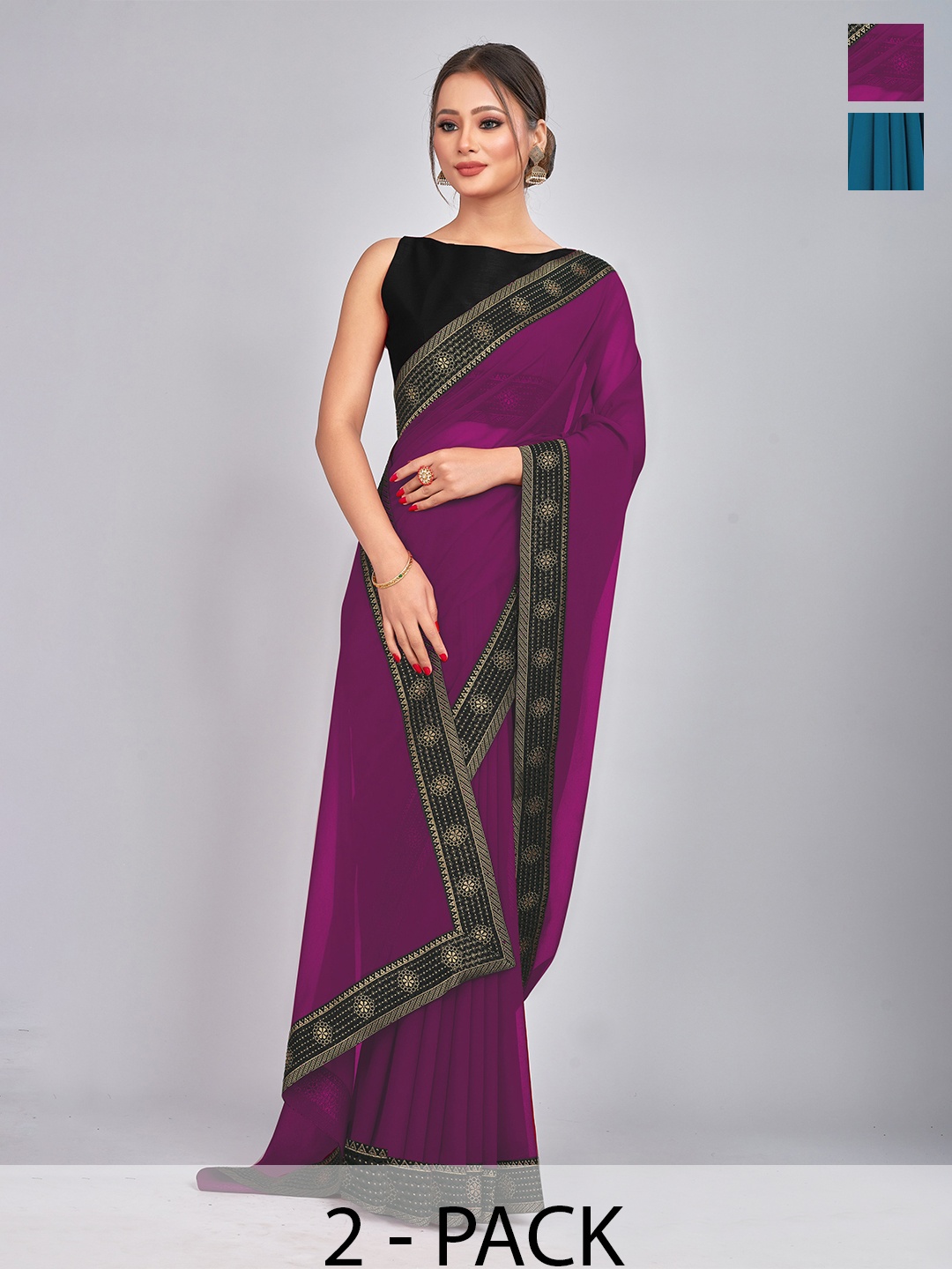 

CastilloFab Selection Of 2 Zari Pure Georgette Saree, Burgundy