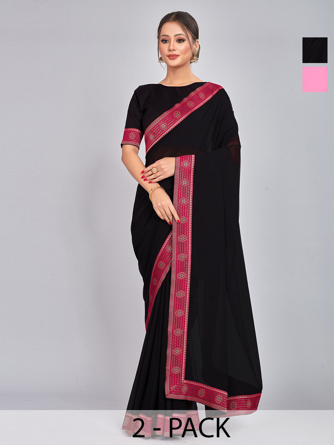 

CastilloFab Selection Of 2 Zari Pure Georgette Saree, Pink