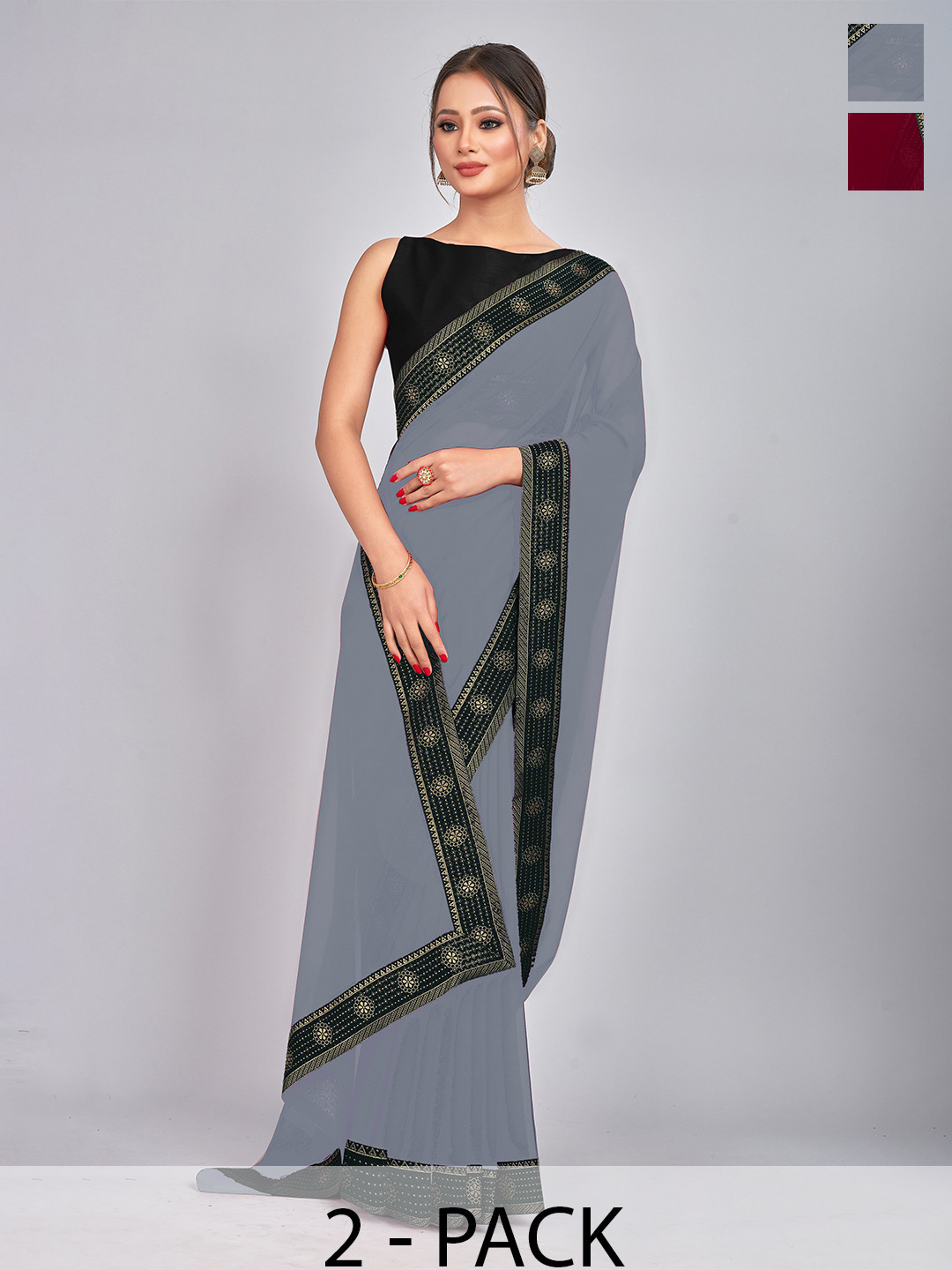 

CastilloFab Selection Of 2 Zari Pure Georgette Saree, Grey