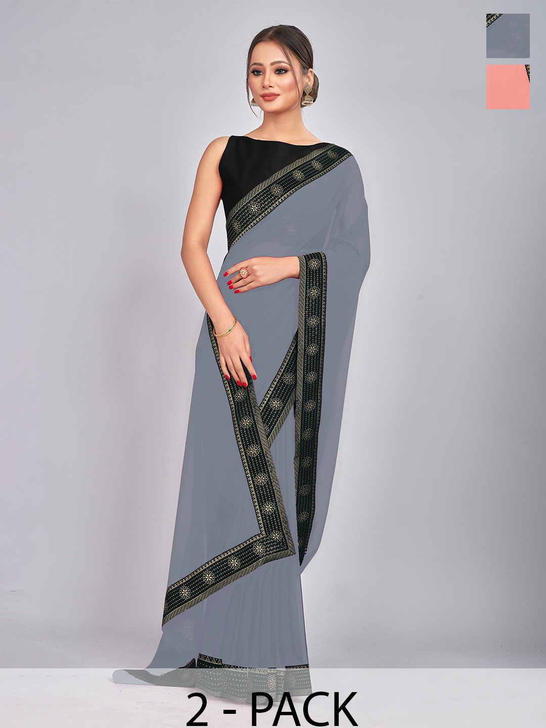 

CastilloFab Pack of 2 Gotta Patti Pure Georgette Saree, Grey