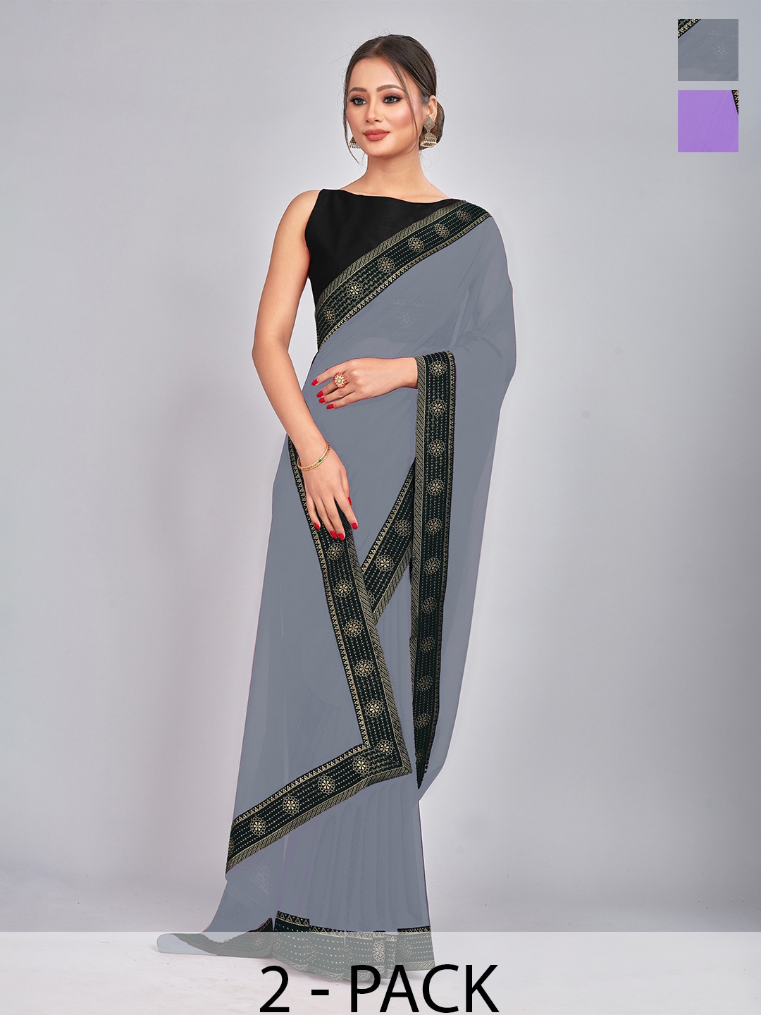 

CastilloFab Pack of 2 Gotta Patti Pure Georgette Saree, Grey
