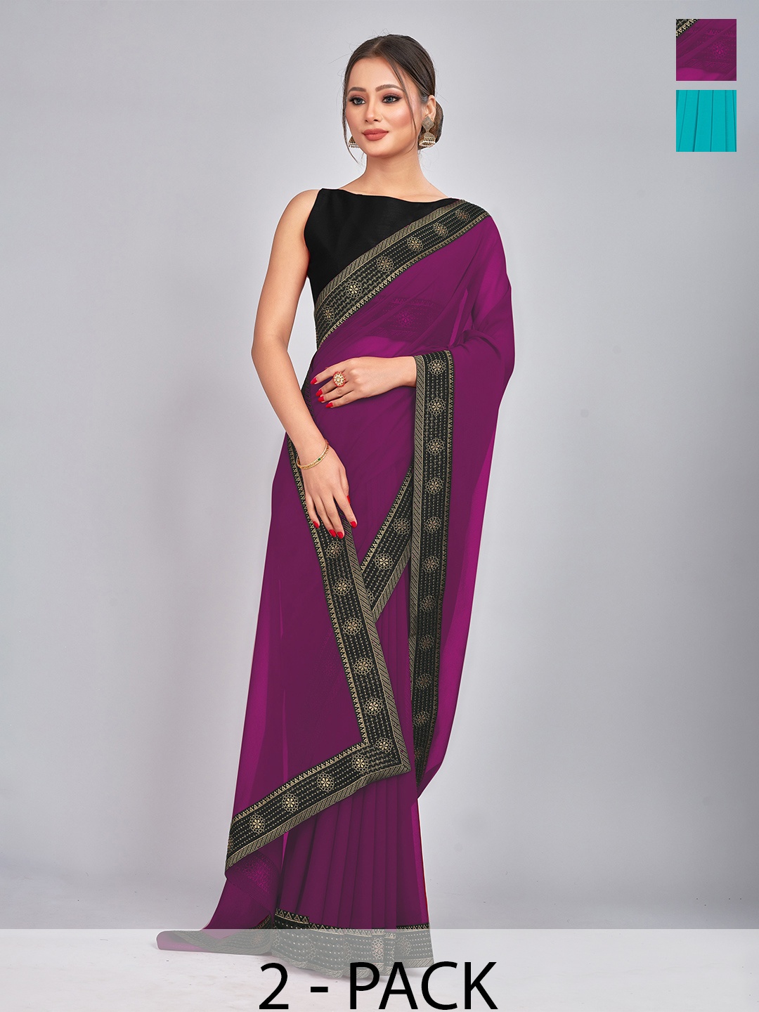 

CastilloFab Pack of 2 Gotta Patti Pure Georgette Saree, Burgundy