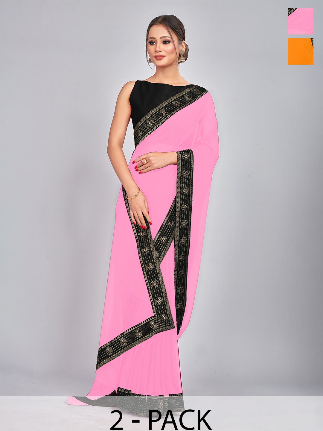 

CastilloFab Pack of 2 Gotta Patti Pure Georgette Saree, Pink