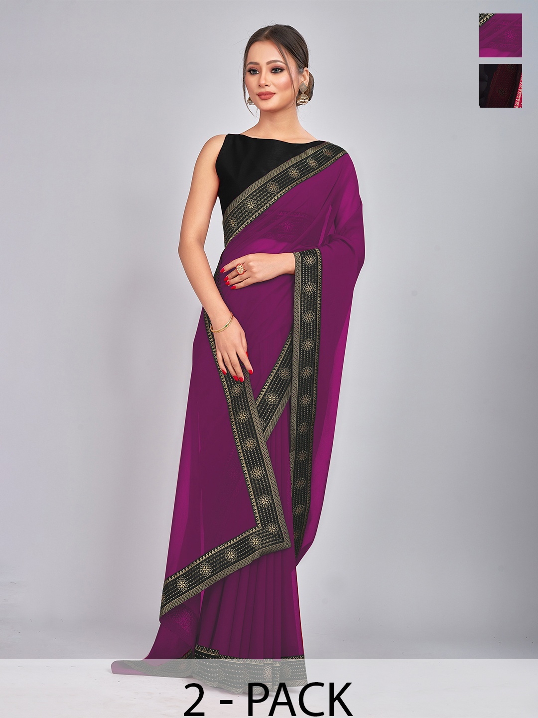 

CastilloFab Burgundy & Black Selection of 2 Pure Georgette Sarees