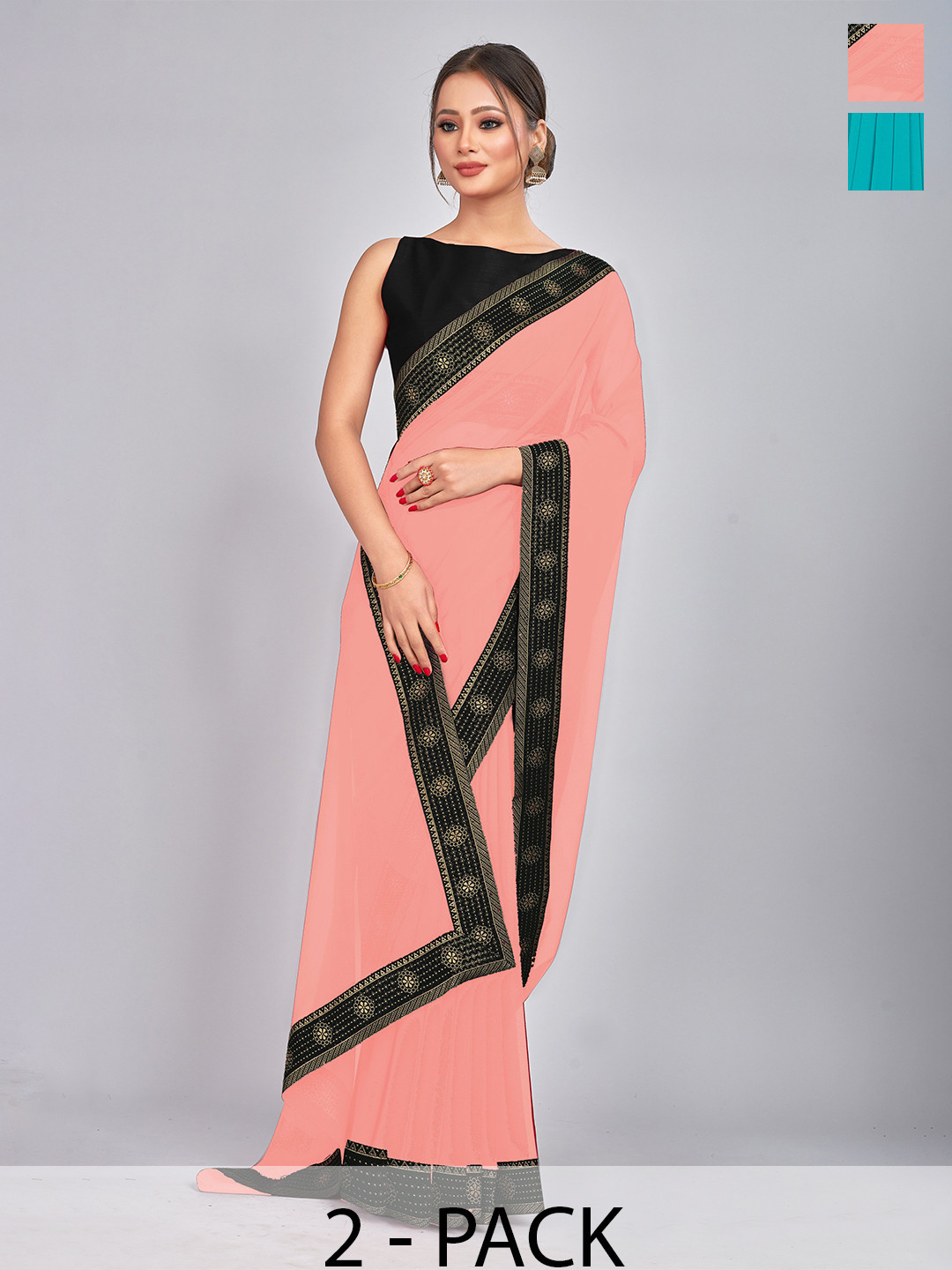 

CastilloFab Turquoise Blue & Peach Coloured Pure Georgette Saree