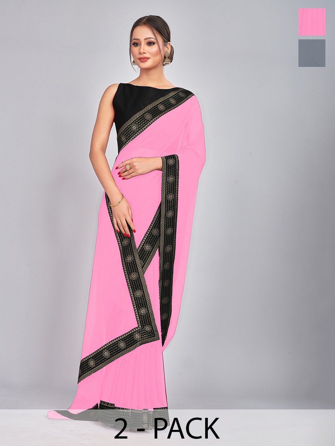 

CastilloFab Pink & Grey Zari Pure Georgette Saree