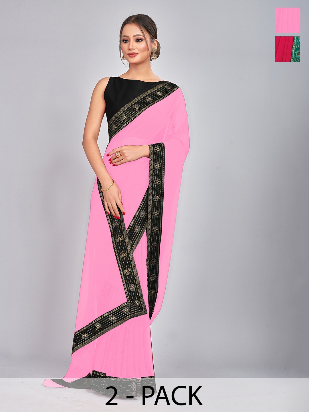 

CastilloFab Pink & Red Pure Georgette Saree