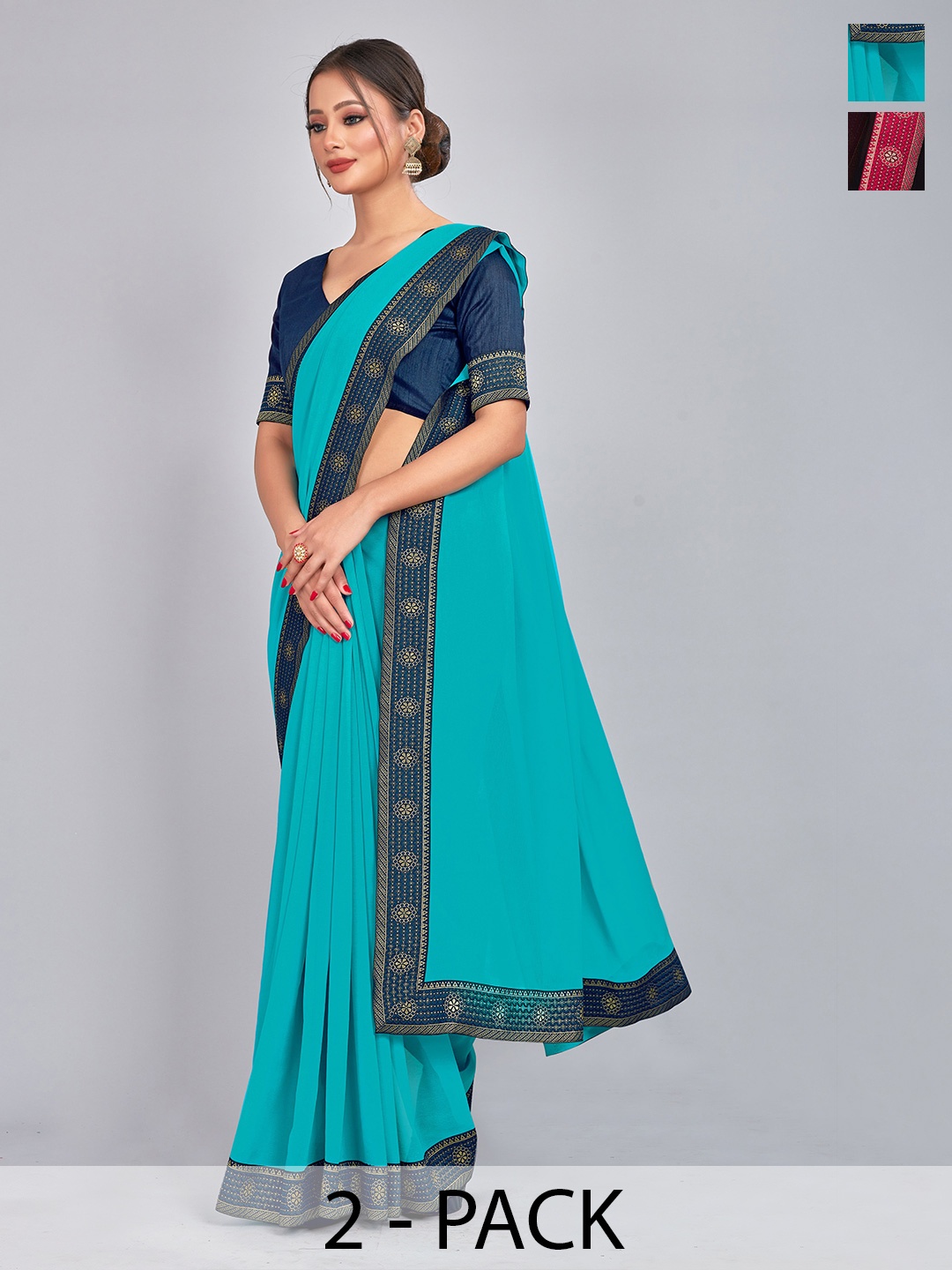 

CastilloFab Turquoise Blue & Black Zari Pure Georgette Saree