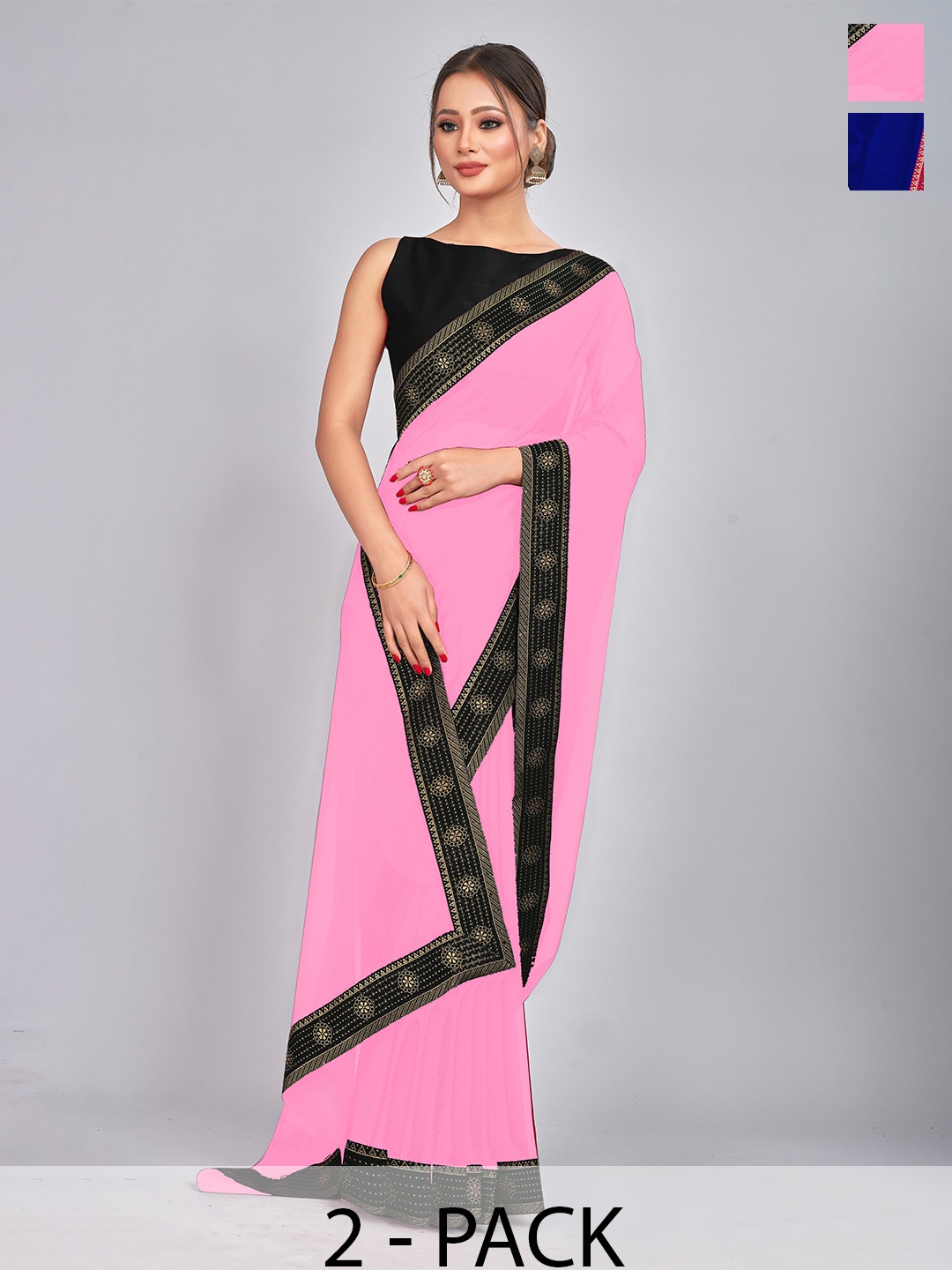 

CastilloFab Pink & Blue Pure Georgette Saree