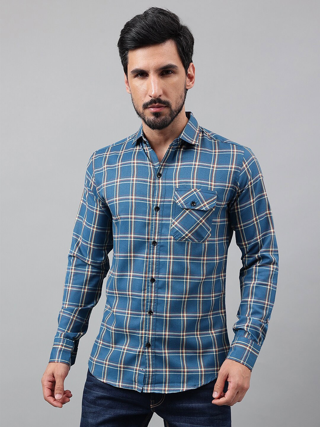 

Voroxy New Checked Spread Collar Long Sleeves Cotton Casual Shirt, Blue