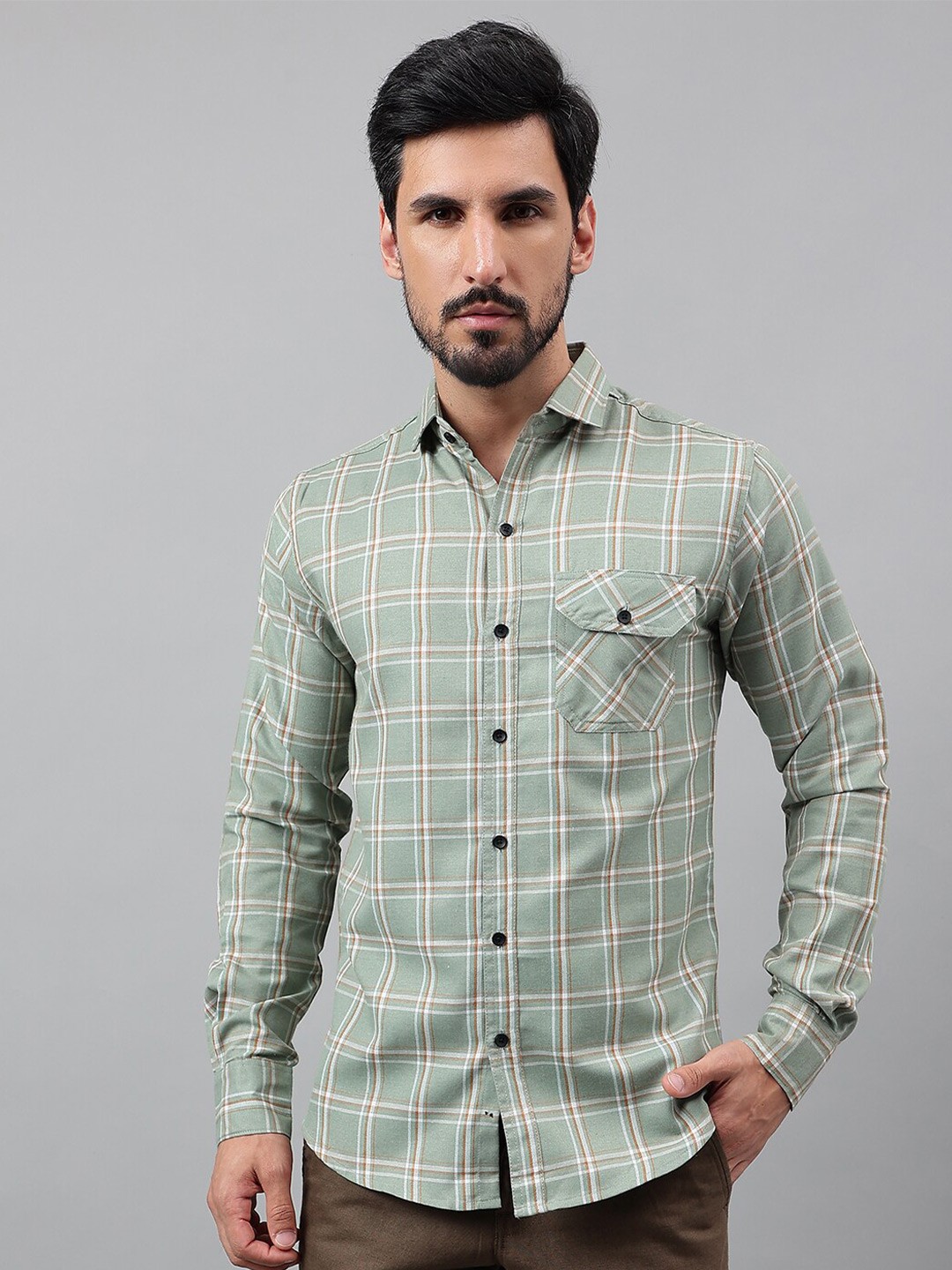 

Voroxy New Tartan Checked Cotton Casual Shirt, Olive
