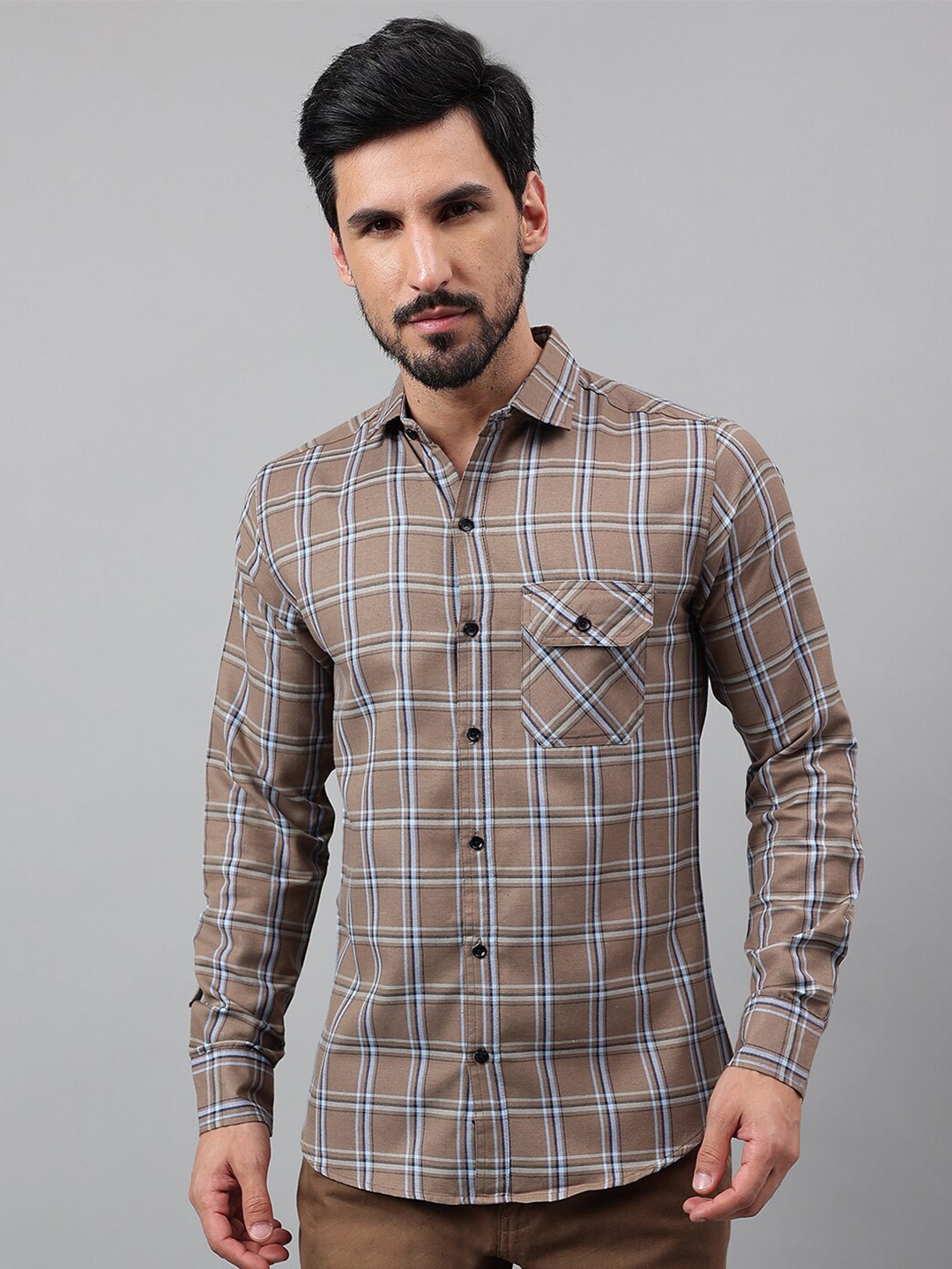 

Voroxy New Checked Spread Collar Long Sleeves Cotton Casual Shirt, Khaki