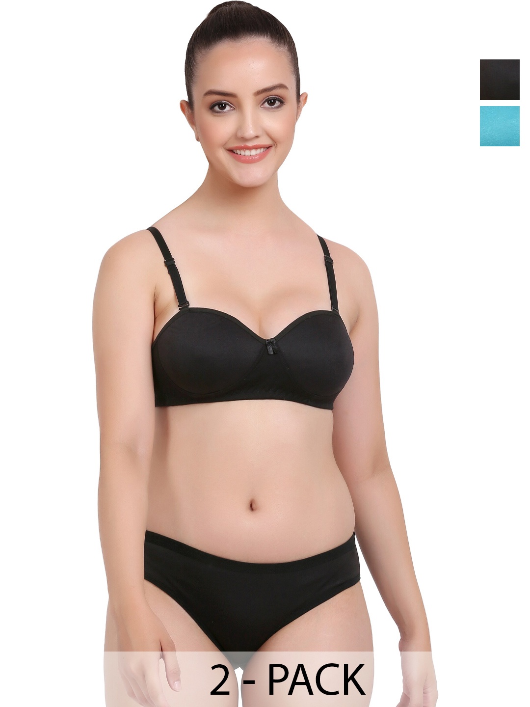

AROUSY Pack Of 2 Cotton Lightly Padded Bra & Mid-Rise Briefs, Black
