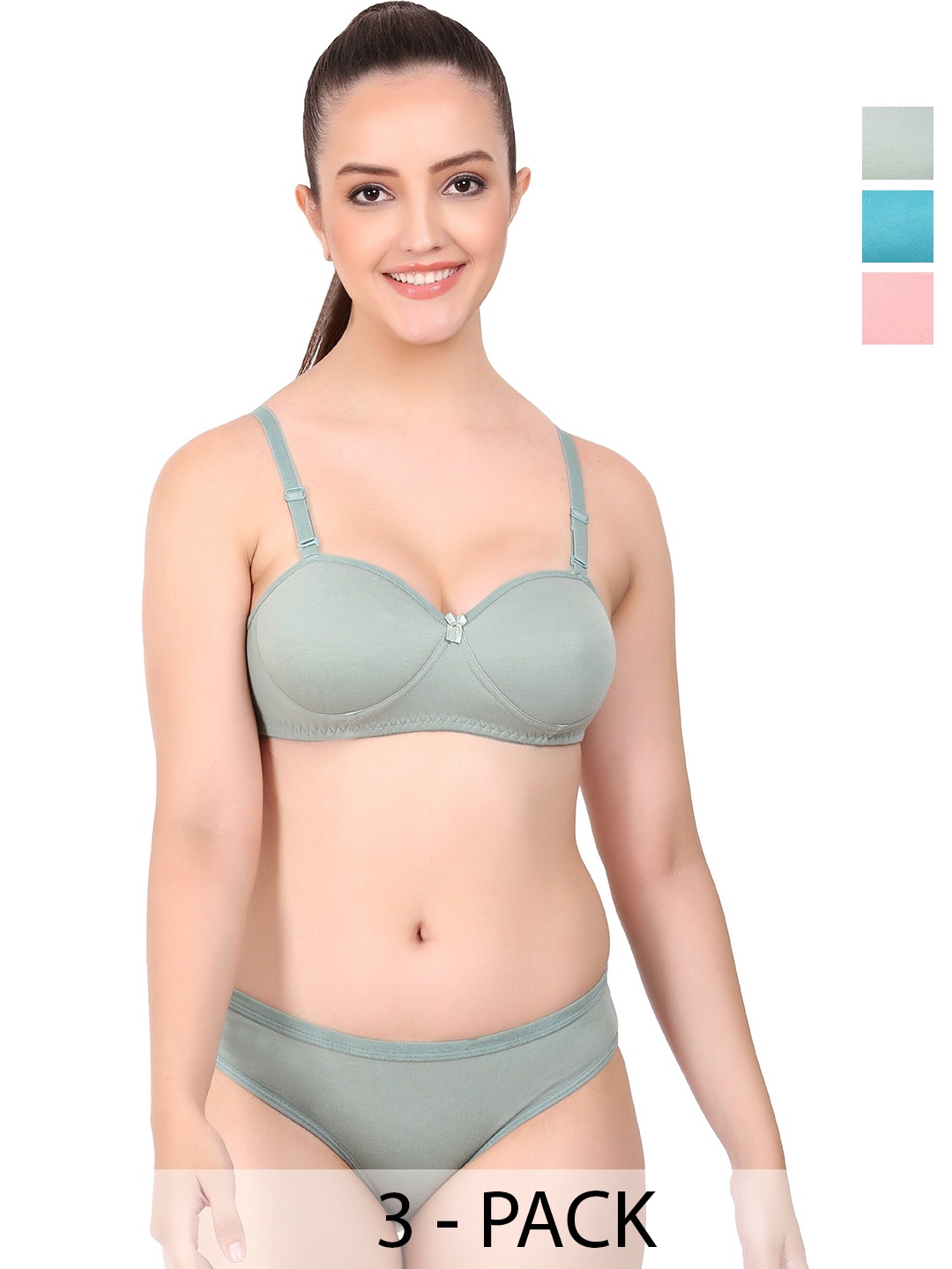 

AROUSY Pack Of 3 Mid-Rise Non-Padded Cotton Lingerie Set K_Demi-Set_Green,Pink,D-Blue