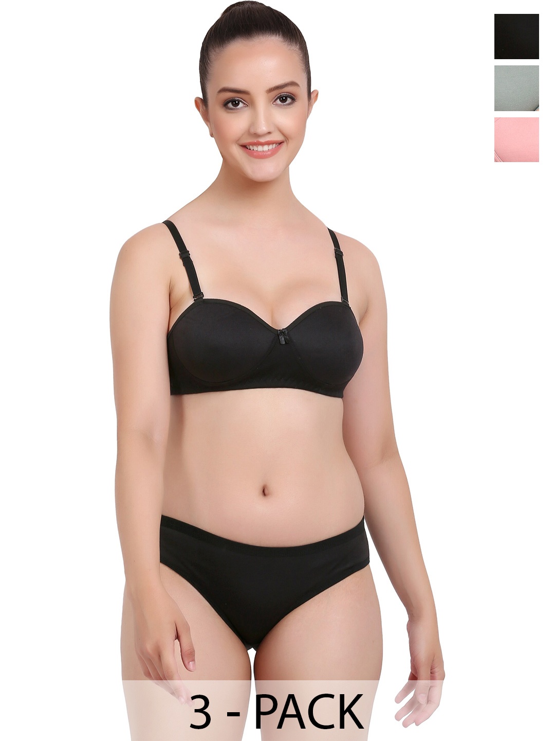 AROUSY Pack Of 3 Cotton Lingerie Set K_Demi-Set_Black,Pink,Green
