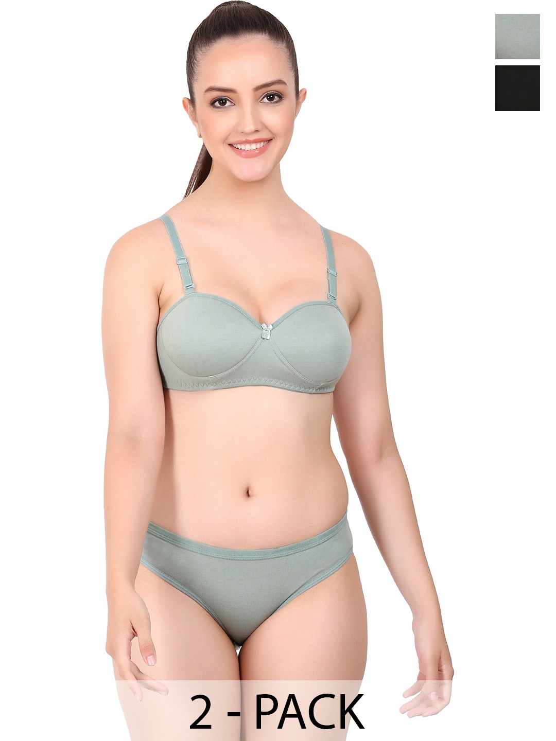 AROUSY Pack Of 2 Cotton Lingerie Set K_Demi-Set_Green,Black
